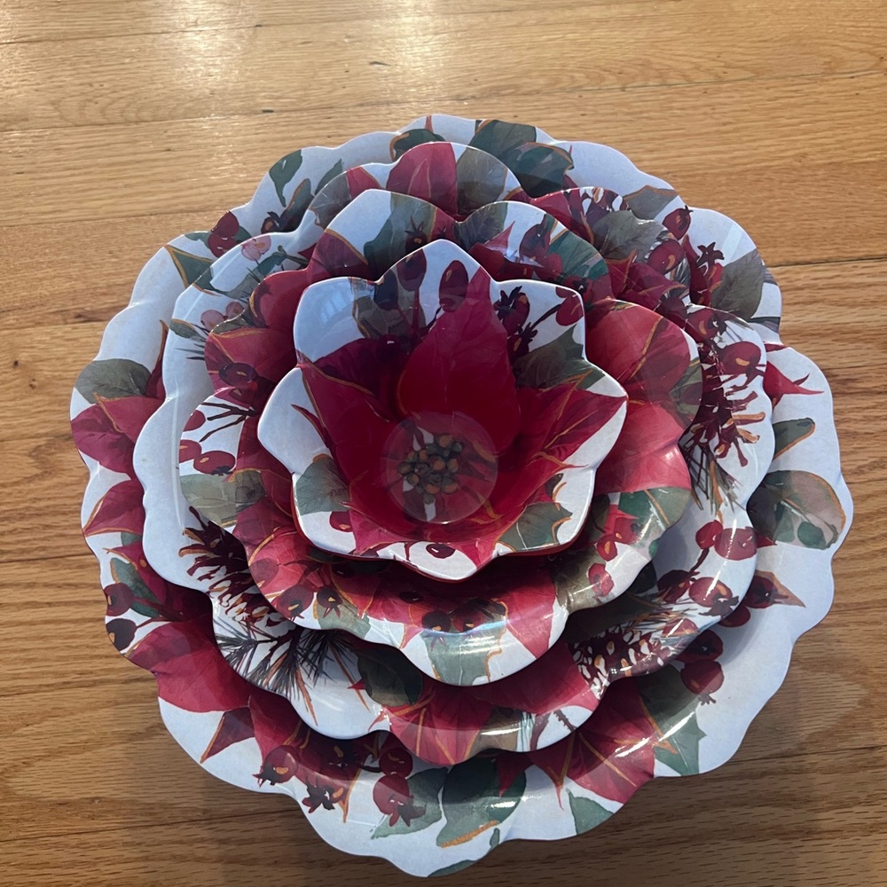 Shabby Chic Poinsettia Melamine Bowls Christmas Red Nested Succulents